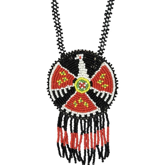 VTG Black Thunderbird Native American Medallion Necklace Seed Bead Leather Back - Picture 5 of 10